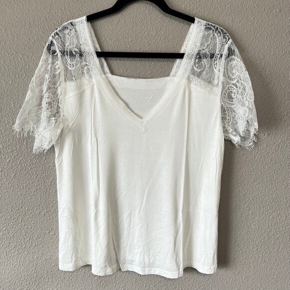 Lace White Short Sleeve Deep V-Neck Square Back Elevated Basic T-Shirt Large - Picture 2 of 6